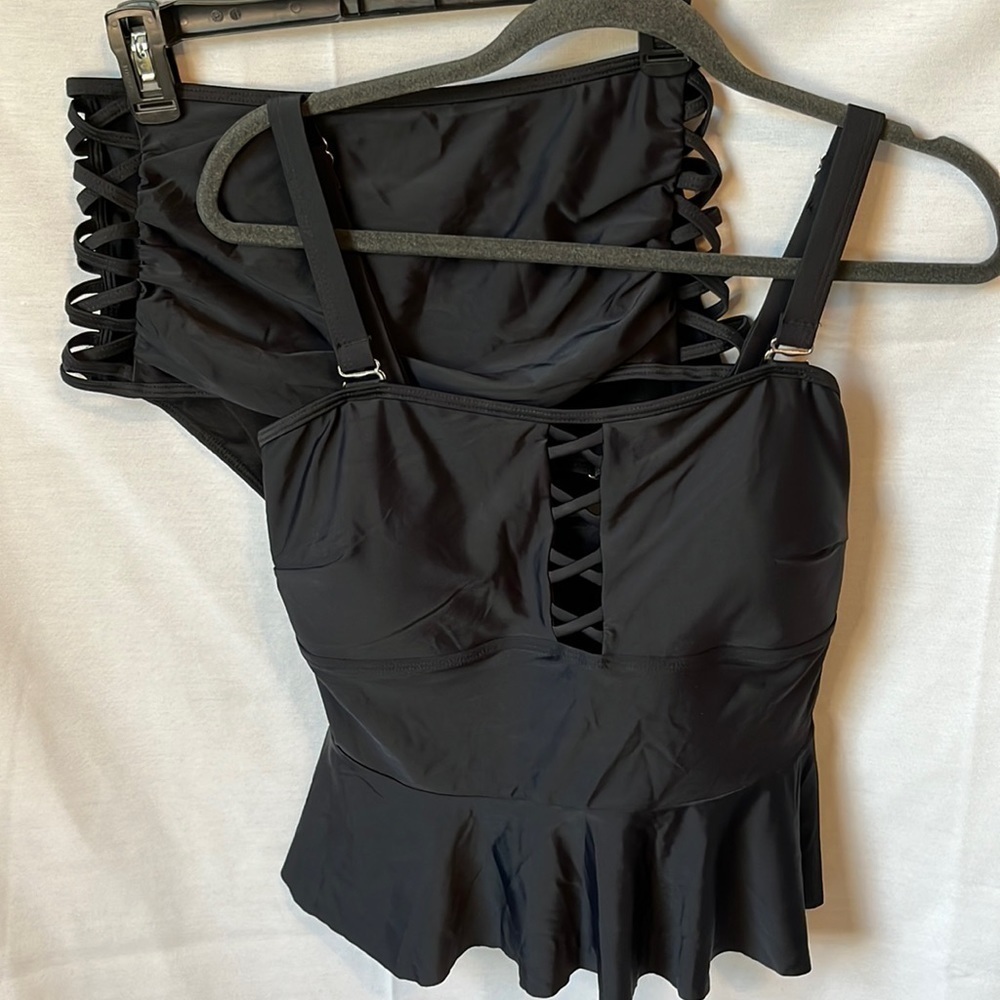 YONIQUE Black Tankini Set Peplum Lace Up High Waist Bikini NWT Size Large